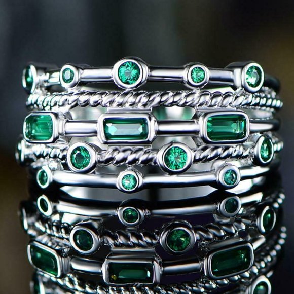 18K White Gold Plated 5 Layer Green Emerald Ring - Picture 2 of 3
